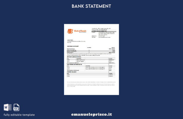 modello word di estratto conto bancario della Mauritius Bank of Boroda in stile 